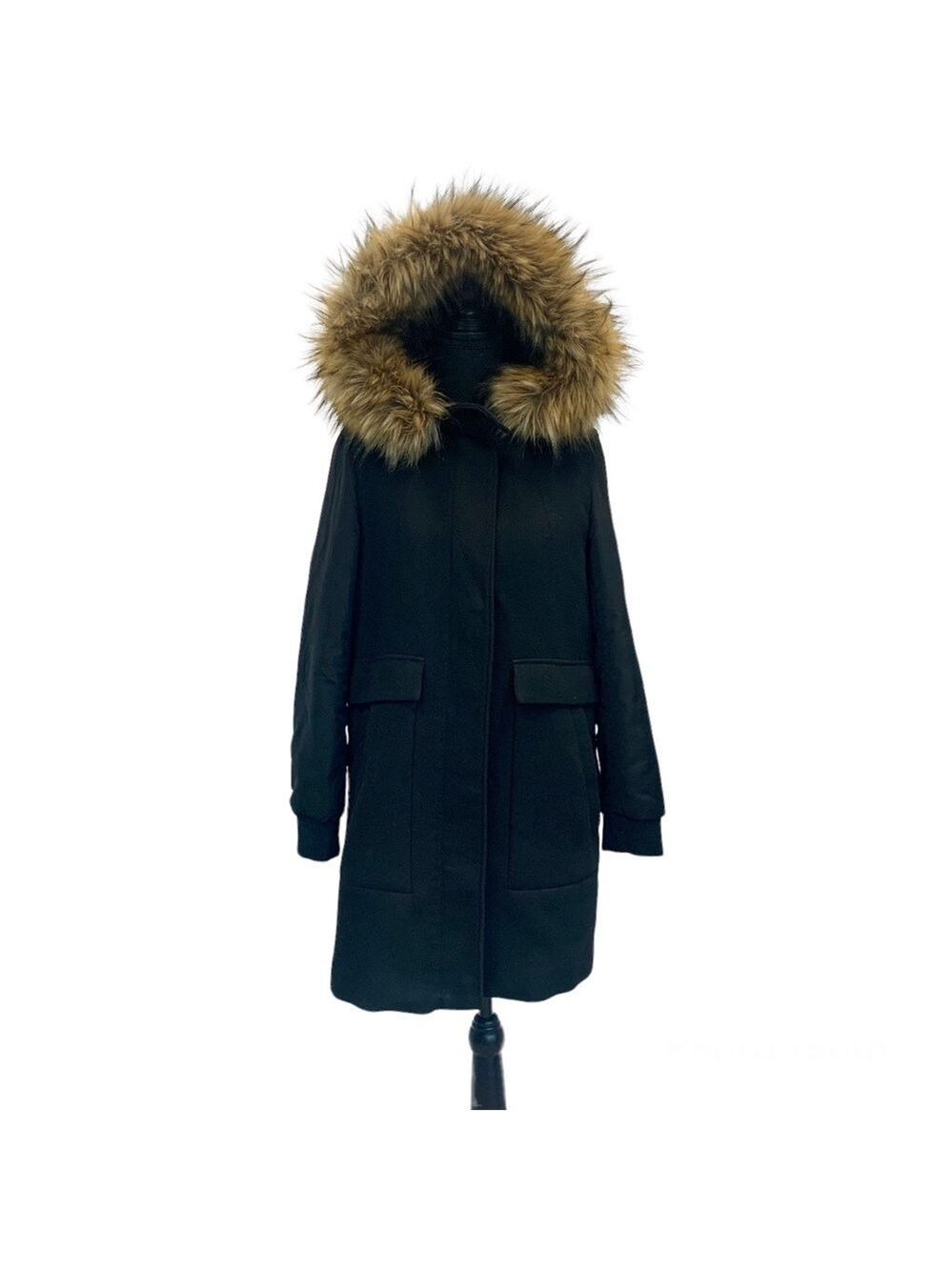 Zara Women’s Black Wool Puffer Sleeve Hooded Fur Zip Peacoat Parka Jacket Sz S